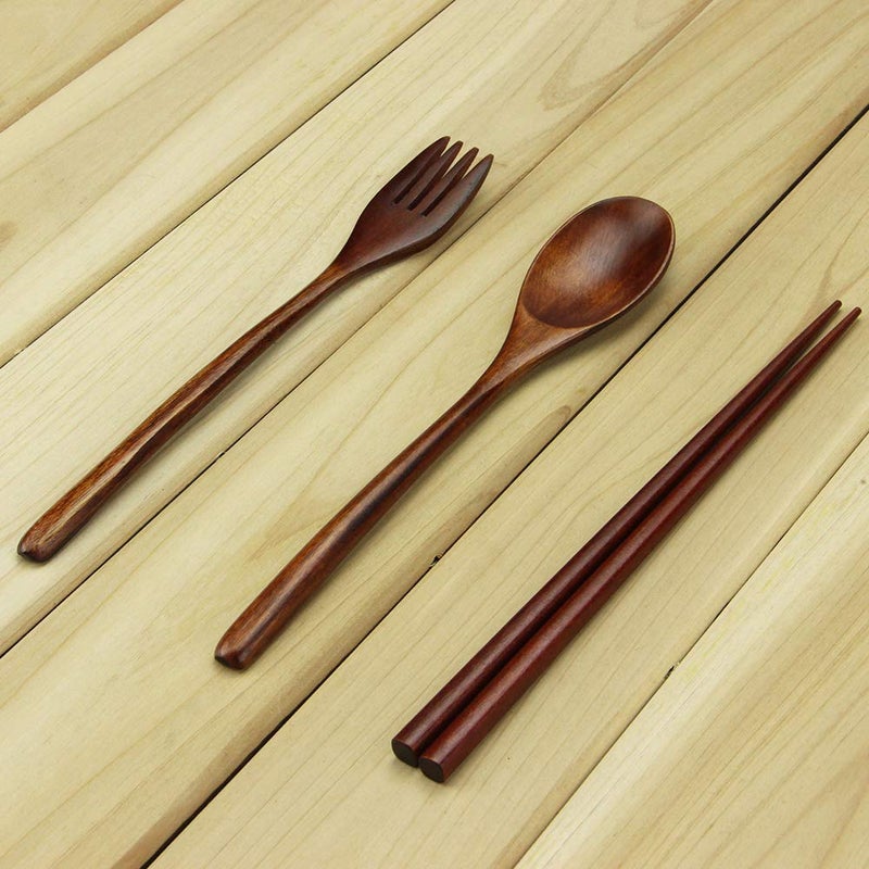 AOOSY Wooden Spoon and Fork Set, AOOSY 3 Pcs Nanmu Wood Fork Spoon Chopsticks Camping Travel Flatware Set Tableware with Bag, Brown Color - Image 3